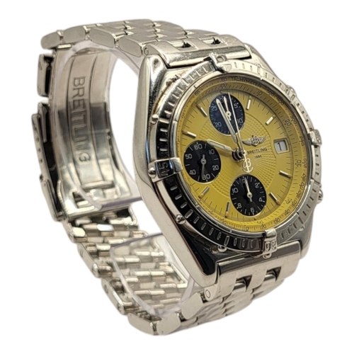 110 - BREITLING, CHRONOMAT, AN 18CT WHITE GOLD GENT’S WRISTWATCH
Yellow tone dial with three black subsidi... 