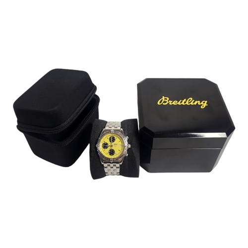 110 - BREITLING, CHRONOMAT, AN 18CT WHITE GOLD GENT’S WRISTWATCH
Yellow tone dial with three black subsidi... 