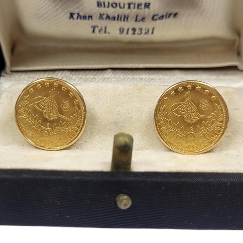 114 - A PAIR OF TURKISH OTTOMAN 22CT GOLD 50 KURUSH COIN SET CUFFLINKS
In yellow metal mounts, in a fitted... 