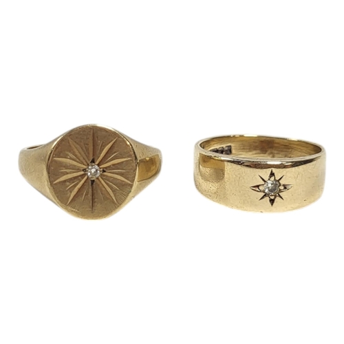 120 - TWO VINTAGE 9CT GOLD AND DIAMOND GENT’S SIGNET RINGS
Each set with a single round cut stone.
(size R... 