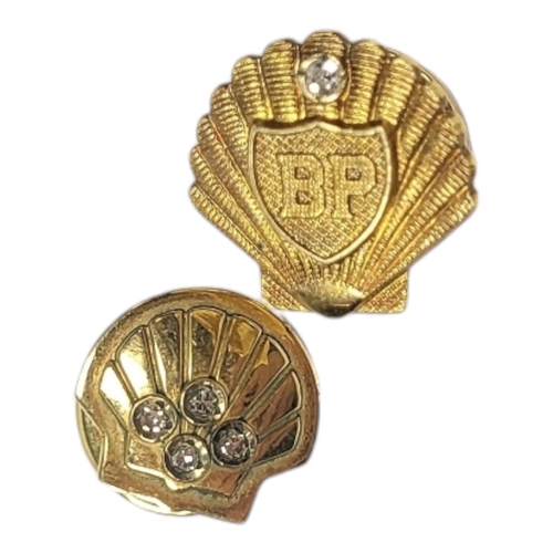 122 - TWO VINTAGE 9CT GOLD AND DIAMOND ‘PETROLEUM REWARD’ LAPEL BADGES
Embossed ‘BP’ and Shell.

Condition... 