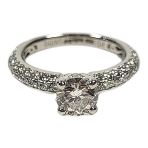 33 - A PLATINUM AND 0.8CT DIAMOND RING WITH GIA CERTIFICATE
Set with single round cut diamond with diamon... 