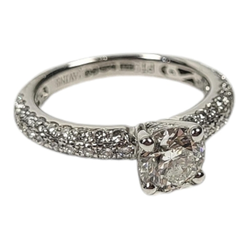 33 - A PLATINUM AND 0.8CT DIAMOND RING WITH GIA CERTIFICATE
Set with single round cut diamond with diamon... 