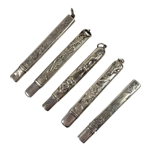 56 - A COLLECTION OF FIVE EARLY 20TH CENTURY SILVER PENCIL HOLDERS
To include a case embossed with raceho... 