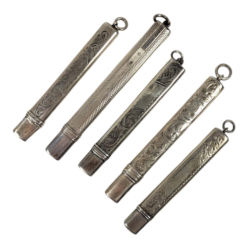 57 - A COLLECTION OF FIVE EARLY 20TH CENTURY SILVER PENCIL HOLDERS
With engraved decoration.
(approx 7cm)... 