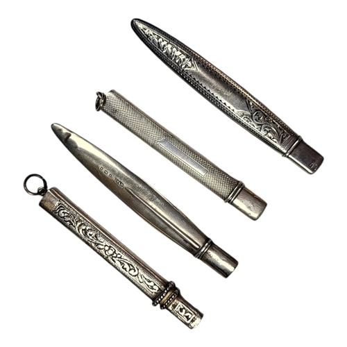 59 - A COLLECTION OF FOUR EARLY 20TH CENTURY SILVER PENCIL HOLDERS
To include two elliptical form and eng... 