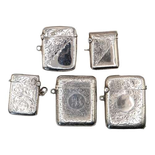 73 - A COLLECTION OF FIVE EARLY 20TH CENTURY SILVER VESTA CASE
Having engraved decoration, hallmarks to i... 