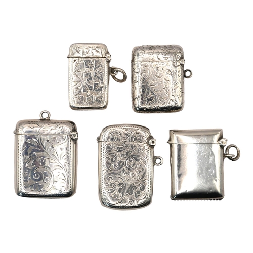 74 - A COLLECTION OF FIVE EARLY 20TH CENTURY SILVER VESTA CASES
Having engraved decoration,hallmarks to i... 