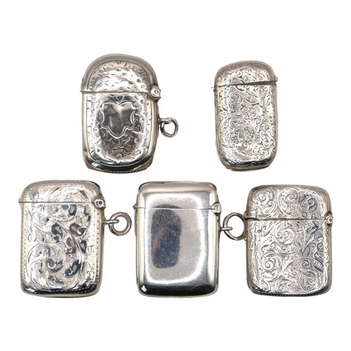 75 - A COLLECTION OF FIVE LATE 19TH/EARLY 20TH CENTURY SILVER VESTA CASES
Having engraved decoration,hall... 