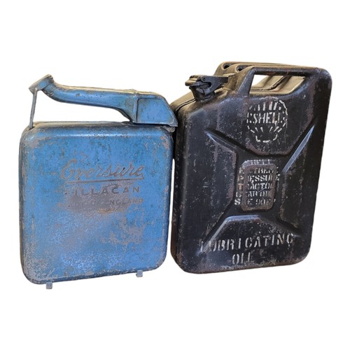 822 - TWO VINTAGE METAL JERRY CANS
Blue van with embossed logo ‘Eversure fillcan’ and a black can stencill... 