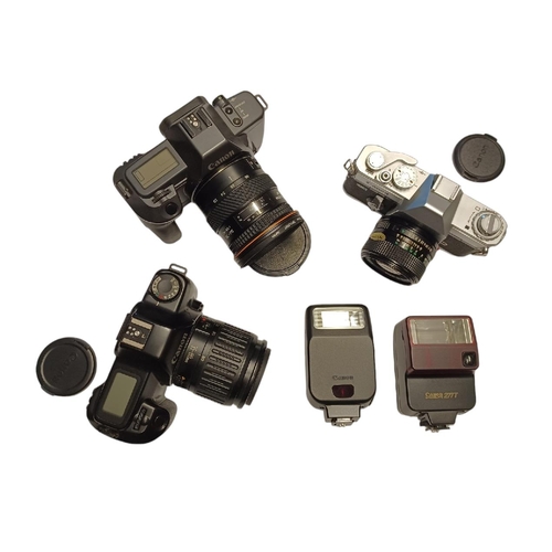 440 - CANON 35mm SLR Film cameras. Including a Pellix QL with 50mm 1.4 lens, Canon EOS1000 with 35-80mm zo... 