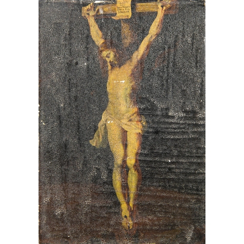 127 - CHRIST ON THE CROSS, 18TH/19TH CENTURY OIL ON BOARD.
(h 24cm x w 16.8cm)