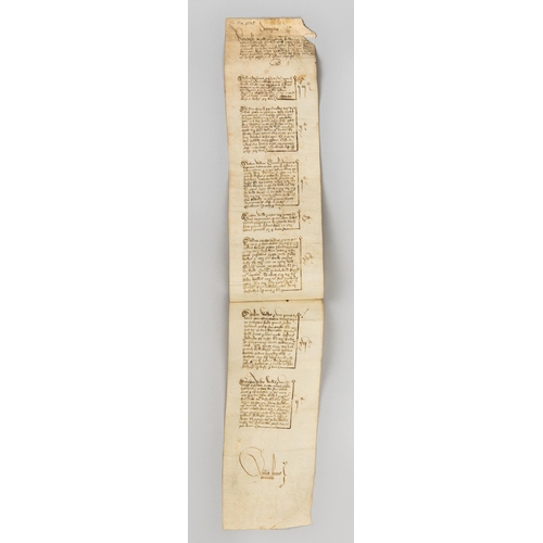 130 - A 16TH CENTURY LEGAL DOCUMENT ON VELLUM, DATED 1545.
(h 61cm x w 10.5cm)