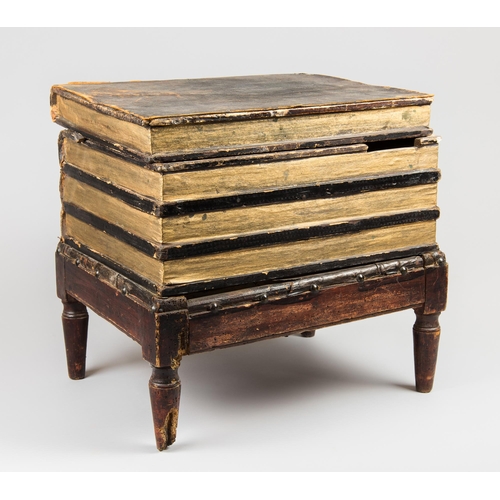 133 - A 19TH CENTURY ENGLISH FAUX BOOK BOX TABLE.
With hinged top.
(h 44cm x w 45cm x d 35cm)