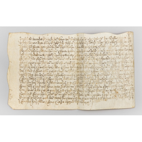 156 - A LEGAL DOCUMENT ON VELLUM, DATED 1649. 
Written in Latin with later English translation. (22cm x 37... 