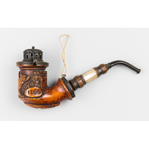 165 - AN ANTIQUE MEERSCHAUM PIPE WITH DOG SCENE, INSCRIBED 1766.
With valuation of insurance document date... 