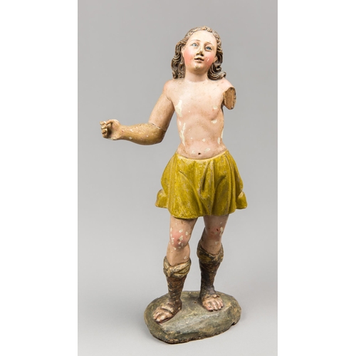 178 - A 17TH/18TH CENTURY ANGEL SCULPTURE IN FINELY CARVED AND POLYCHROMED WOOD, ITALY.
With inset glass e... 