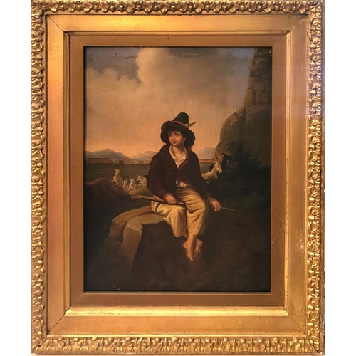 459 - AFTER PERCY WILLIAMS, 1798 - 1885, AN OVERPAINTED PRINT ON BOARD 
Titled ‘Italian Boy/Shepherd at Re... 