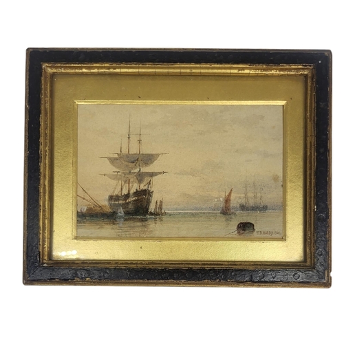 461 - THOMAS BUSH HARDY, P.A., 1842 - 1897, MINIATURE WATERCOLOUR
Marine study, old frigate and boats on h... 