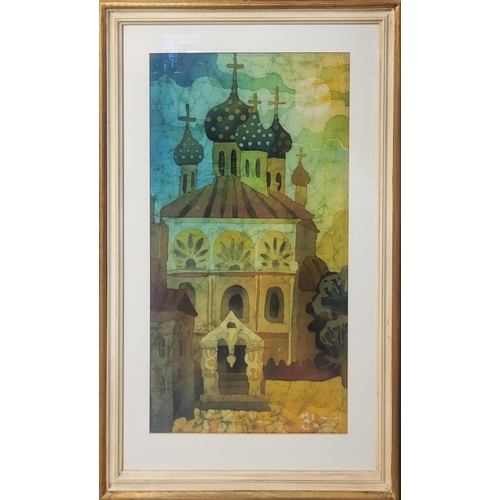 479 - A RUSSIAN SCHOOL PAINTED BATIK, CHURCH WITH FIVE DOMES
Mounted, framed and glazed.
(63cm x 97cm)

Co... 