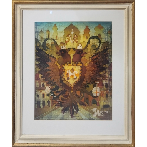 480 - A RUSSIAN SCHOOL PAINTED BATIK, IMPERIAL COAT OF ARMS WITH CHURCH BEYOND.
(58cm x 71cm)