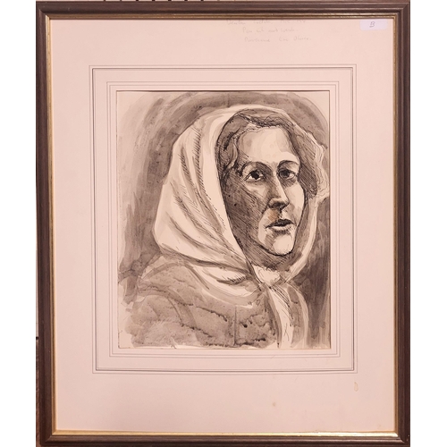 485 - DENTON WELCH, 1915 - 1948, A PEN, INK AND WASH
Portrait a female wearing a headscarf, marked in penc... 