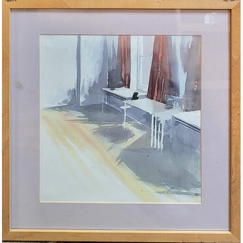 491 - ROB RAMSAY, A CONTEMPORARY WATERCOLOUR, INTERIOR SCENE
Titled ’The Village Hall’, tables near a wind... 