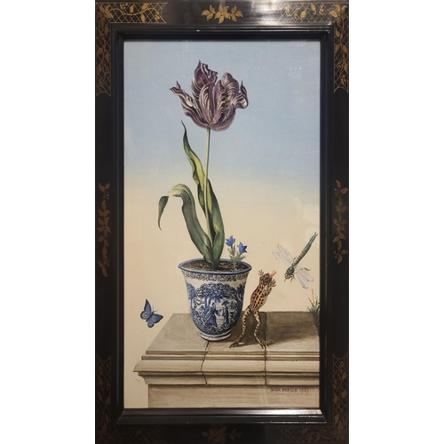 498 - HUGH ROBSON, 1929 - 2000, WATERCOLOUR
Flower, dragonfly, frog, blue and white planter, signed, eboni... 