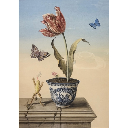 499 - HUGH ROBSON, 1929 - 2000, WATERCOLOUR
Flowers, dragonflies, butterflies, frog and blue and white jar... 