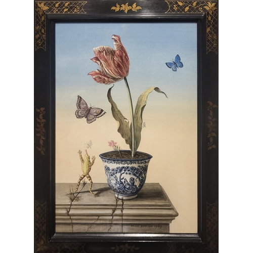 499 - HUGH ROBSON, 1929 - 2000, WATERCOLOUR
Flowers, dragonflies, butterflies, frog and blue and white jar... 