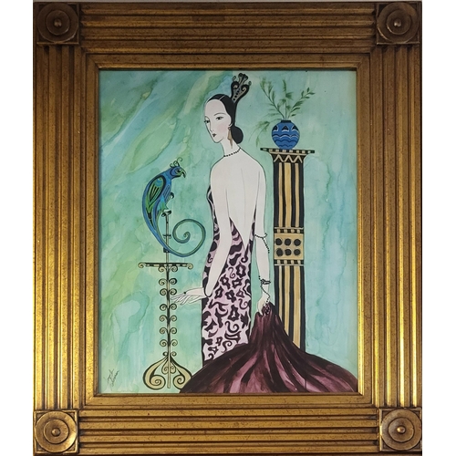 506 - J. SWANSON, OIL ON PAPER
Art Deco maiden with parrot, signed, gilt framed and glazed.
(58cm x 68cm)
... 