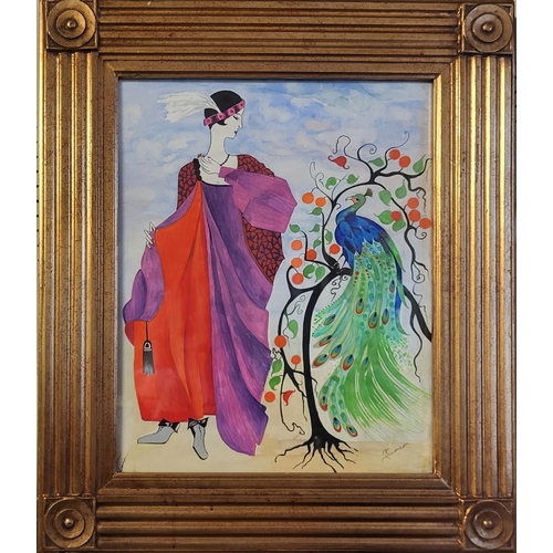 507 - J. SWANSON, OIL ON PAPER
Art Deco maiden with peacock signed, gilt framed and glazed.
(58cm x 68cm)
... 