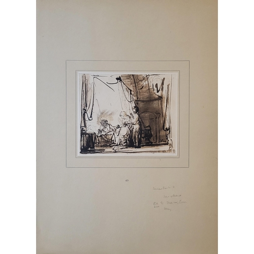 509 - A 20TH CENTURY PEN AND INK INTERIOR SKETCH, ARTIST WITH SEATED MUSE IN A TIMBER BUILDING 
Together w... 