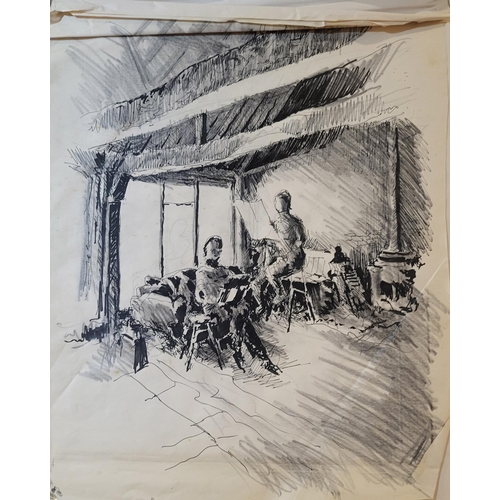 509 - A 20TH CENTURY PEN AND INK INTERIOR SKETCH, ARTIST WITH SEATED MUSE IN A TIMBER BUILDING 
Together w... 