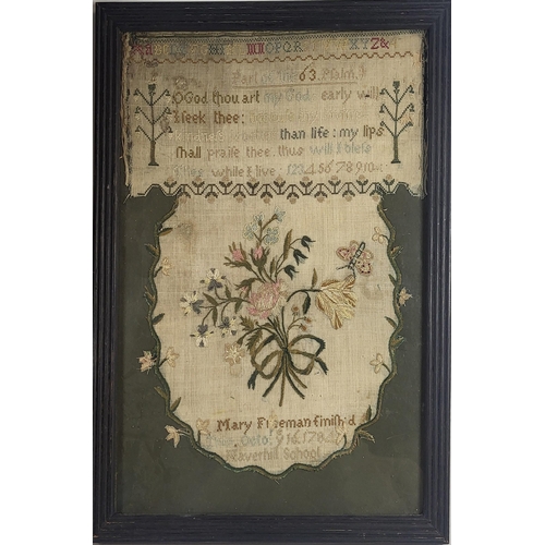 511 - AN 18TH CENTURY WOOLLEN TAPESTRY SAMPLER
Biblical text with floral panel to centre, signed to base ’... 