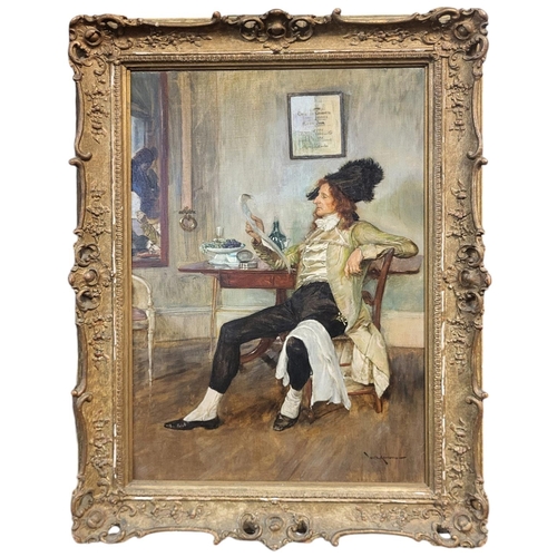 514 - WILLIAM DOUGLAS ALMOND, 1868 - 1916, OIL ON CANVAS, PORTRAIT OF A DANDY
Seated pose reading a menu w... 