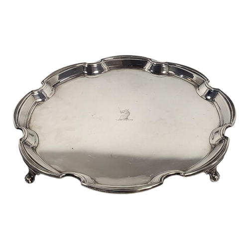 555 - BOODLE & DUNTHORNE OF LORD ST. LIVERPOOL, A SOLID SILVER WAITER SALVER, BIRMINGHAM, 1935
With geomet... 