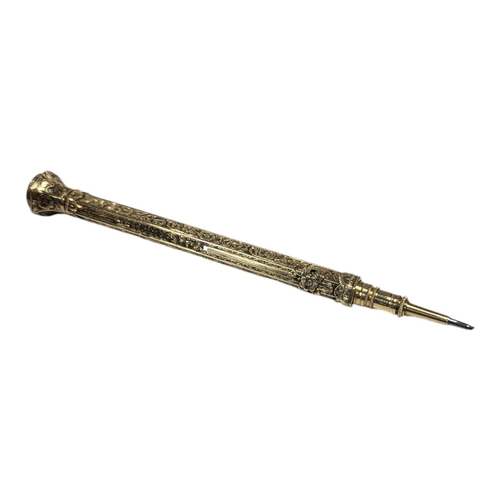 581 - J. BUTLER AND CO., ,A VICTORIAN YELLOW METAL AND AMETHYST INTAGLIO PROPELLING PENCIL
Carved with a r... 