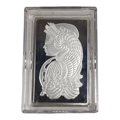 595 - A VINTAGE FINE SILVER 5OZ LADY FORTUNA BULLION BAR
Issued by PAMP and marked ‘Suisse 5 ounces Fine S... 