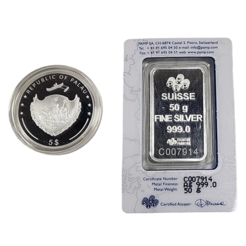 597 - A VINTAGE FINE SILVER 50GM LADY FORTUNA BULLION BAR
Issued by PAMP, marked’ Suisse 50gm Fine Silver ... 