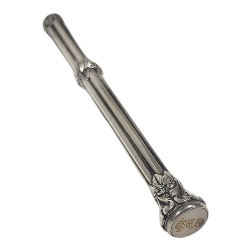 622 - J. BUTLER, A 19TH CENTURY SILVER AND HARDSTONE INTAGLIO PROPELLING PENCIL
The finial carved with thr... 