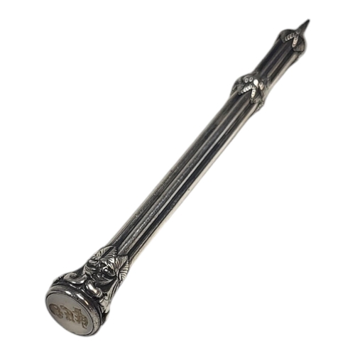 622 - J. BUTLER, A 19TH CENTURY SILVER AND HARDSTONE INTAGLIO PROPELLING PENCIL
The finial carved with thr... 