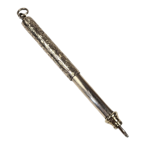 650 - A 19TH CENTURY YELLOW METAL PROPELLING PENCIL
Cylindrical form with engraved decoration and hanging ... 