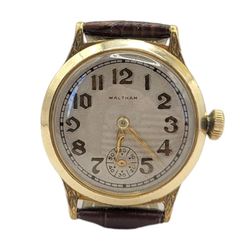 670 - WALTHAM, A VINTAGE AMERICAN GOLD PLATED GENT’S WRISTWATCH
Having Arabic number markings and engraved... 