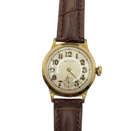 670 - WALTHAM, A VINTAGE AMERICAN GOLD PLATED GENT’S WRISTWATCH
Having Arabic number markings and engraved... 