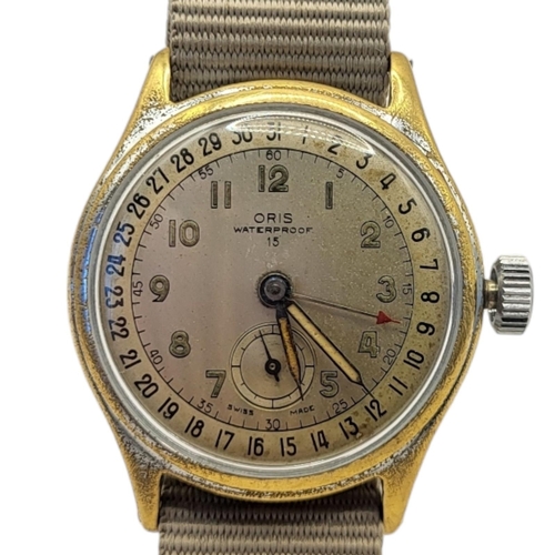 674 - ORIS, A VINTAGE GOLD PLATED ‘POINTER DATE’ GENT’S WRISTWATCH,
Having a calendar to uglier edge and s... 