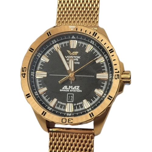 678 - VOSTOK, A GOLD PLATED AUTOMATIC GENTS WRISTWATCH
Black tone dial marked Vostok Europe Almaz Space St... 