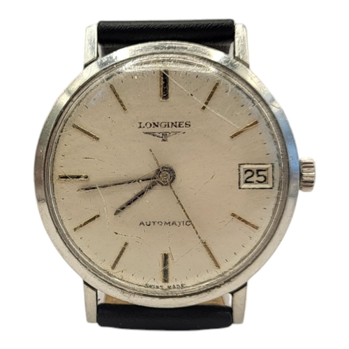 695 - LONGINES, A VINTAGE STAINLESS STEEL AUTOMATIC WRISTWATCH
Silver tone dial with calendar date window ... 