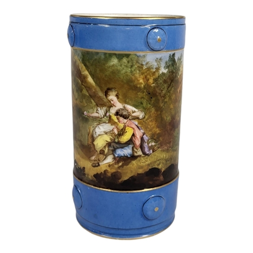 703 - A 19TH CENTURY CONTINENTAL PORCELAIN SLEEVE VASE
Having a hand painted continuous courting scene to ... 