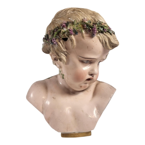 707 - AFTER MEISSEN, A LARGE 19TH CENTURY ‘KINDERKOPF’ PORCELAIN BUST
Young Bacchus wearing a wreath of vi... 